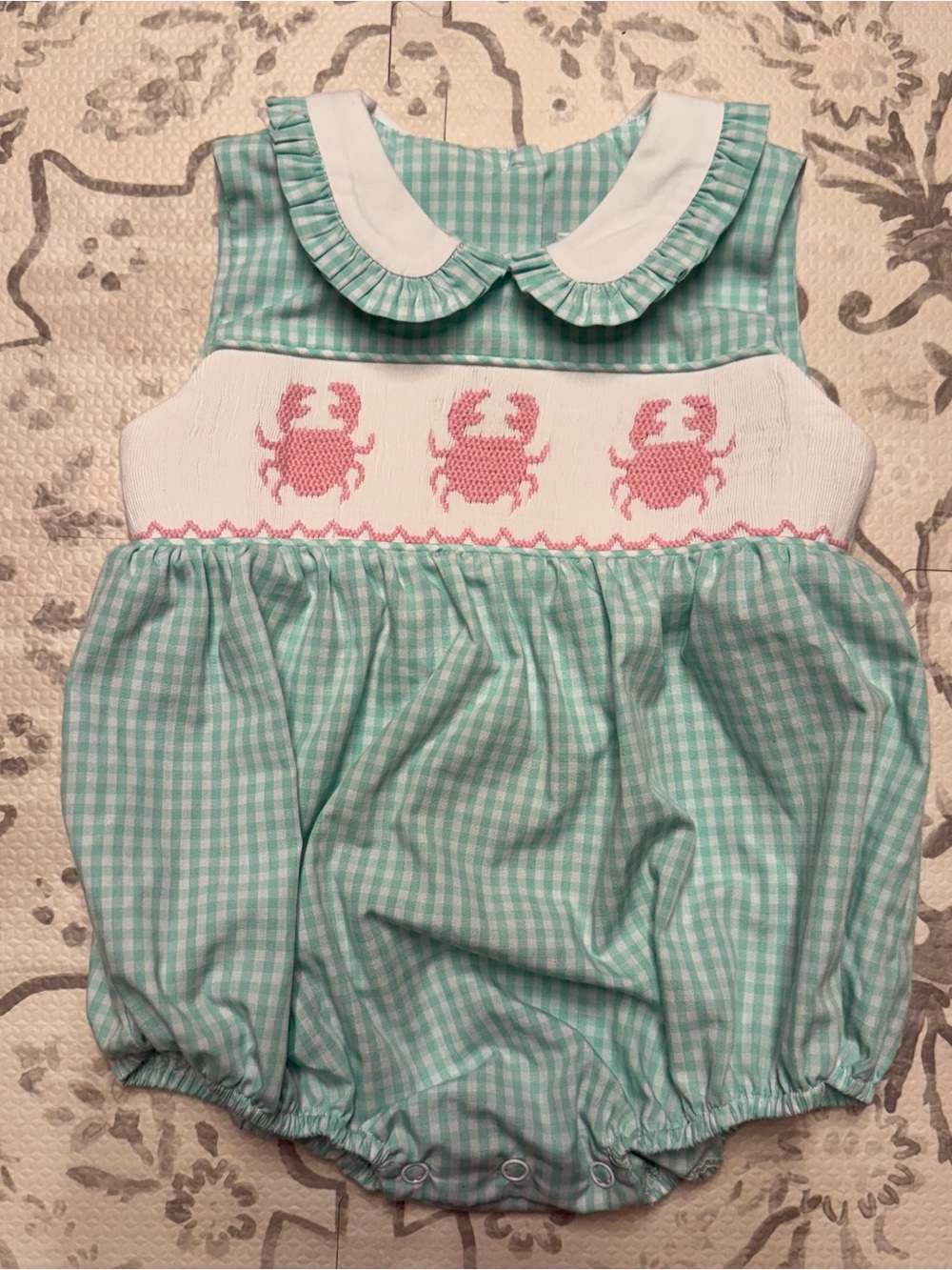 Stitchy pink crab white collar Smocking Mint Gingham Bubble Romper